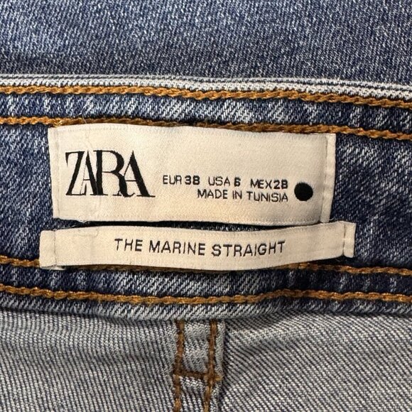 Zara Jeans Womens 6 Blue The Marine Straight Wide Leg High Rise Fray Hem Stretch - Picture 3 of 9